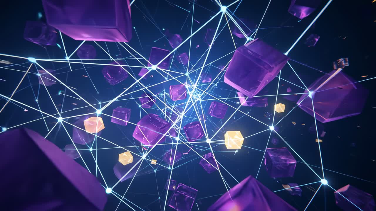 Advancing camera into void, showing floating purple and yellow cubes among pulsing nodes and lines