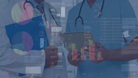 animation of infographic interface over midsection of diverse doctors discussing patient reports
