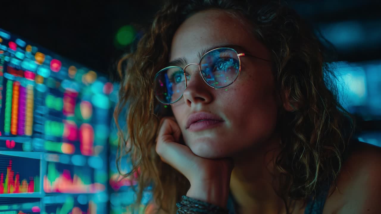 Contemplative Engagement: A Focused Individual Deep in Thought While Observing Dynamic Data Trends and Visualizations on Digital Screens
