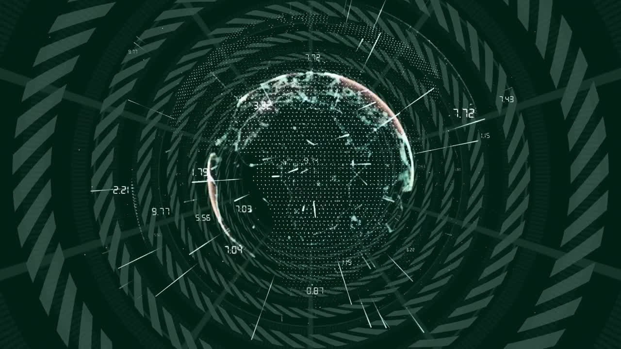 Animation of data processing and globe with network of connections on black background