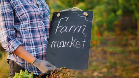 farmer's hands holding a sign farmers market near the counter with seasonal vegetables