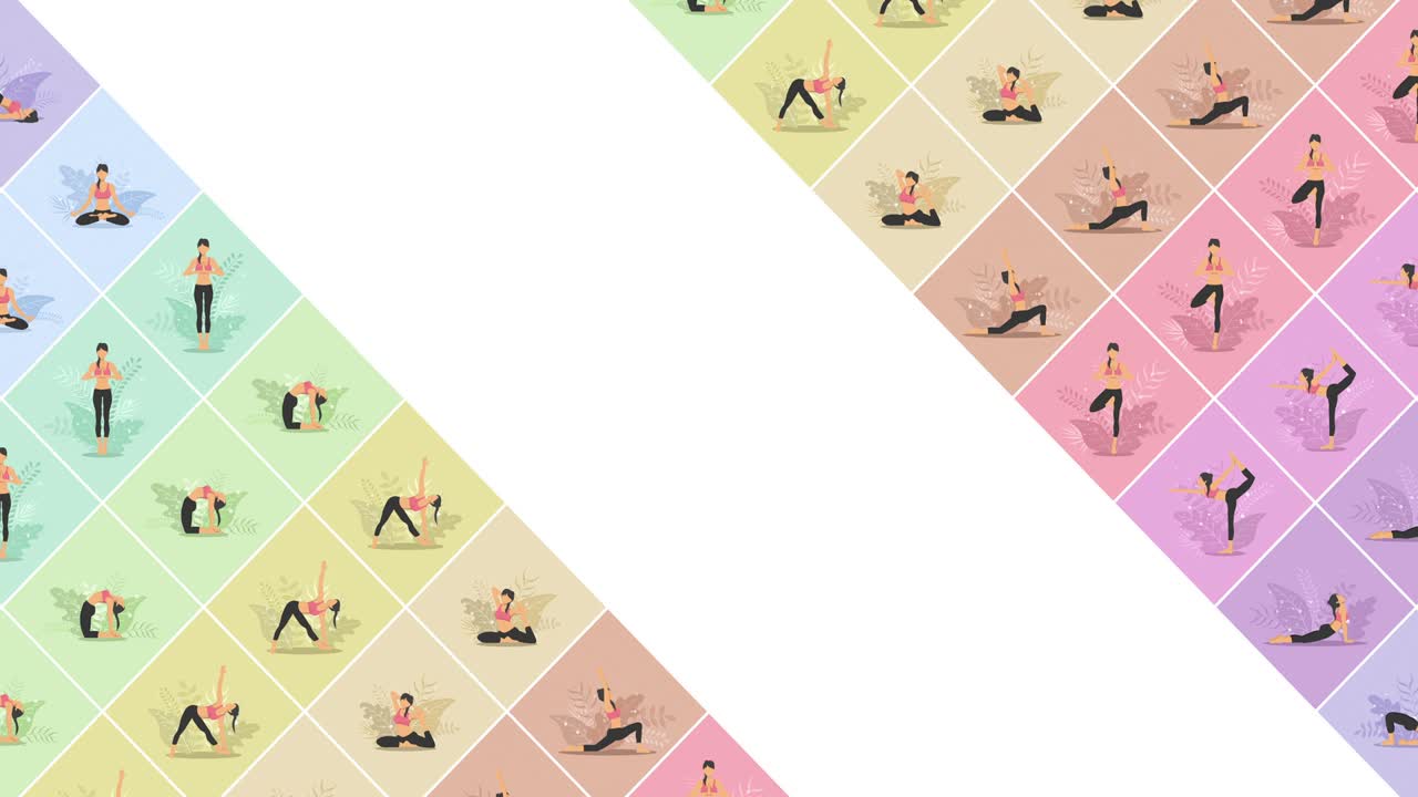 Ejercicio de yoga en la naturaleza. Colección de personajes femeninos de dibujos animados demostrando varias posiciones de yoga. Animación en bucle plana y colorida. Relájate y medita