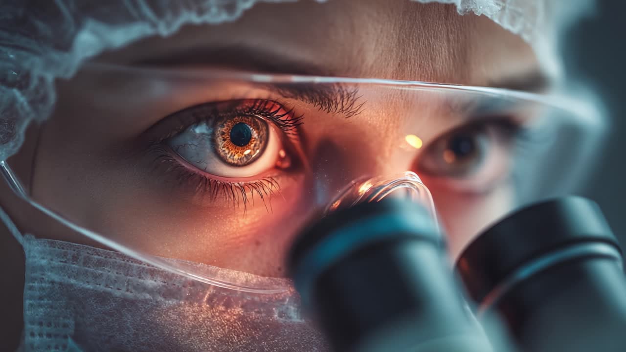 Una vista ravvicinata di un ricercatore che analizza campioni al microscopio, evidenziando l'intensità dell'indagine e della scoperta scientifica
