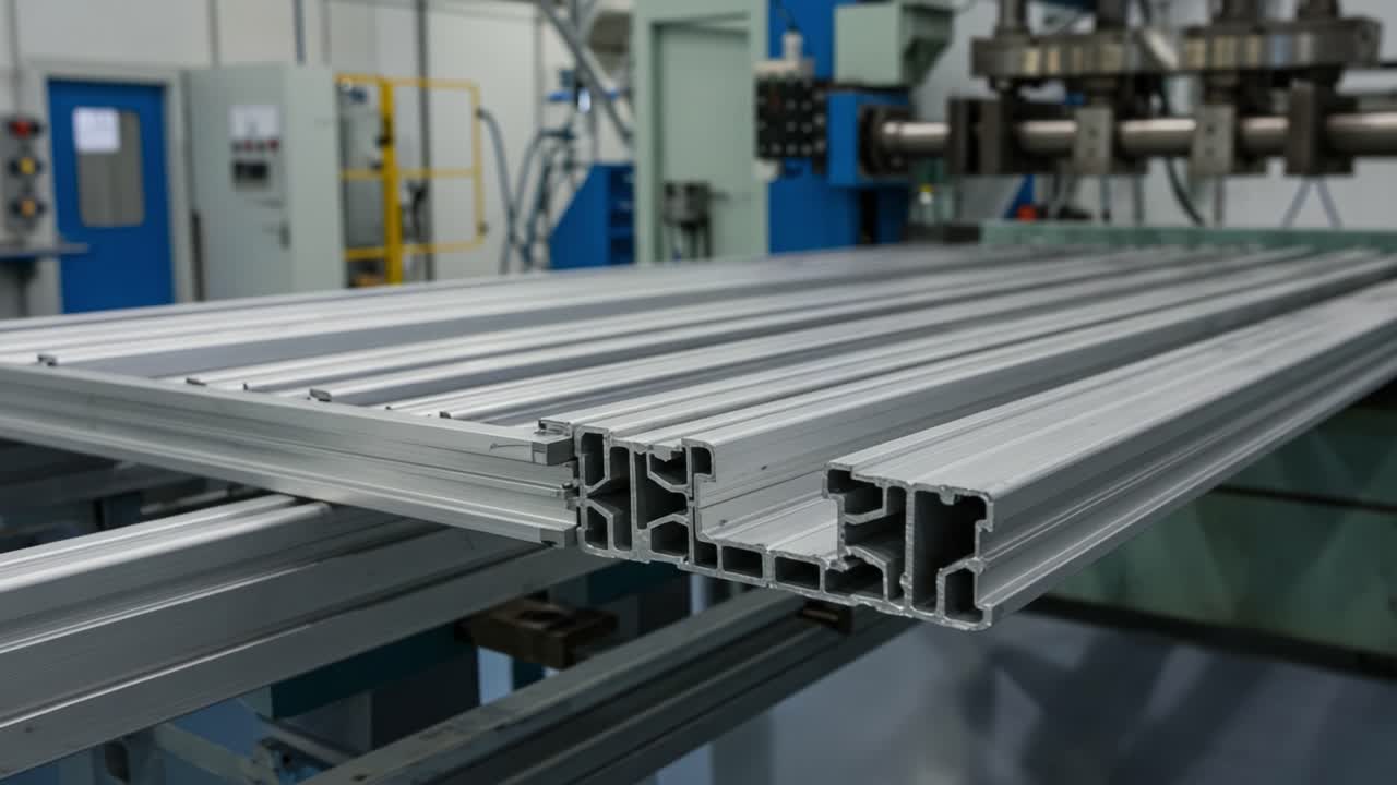 Ingegneria di precisione in azione: vista ravvicinata di profili in alluminio lavorati in un ambiente di produzione high-tech