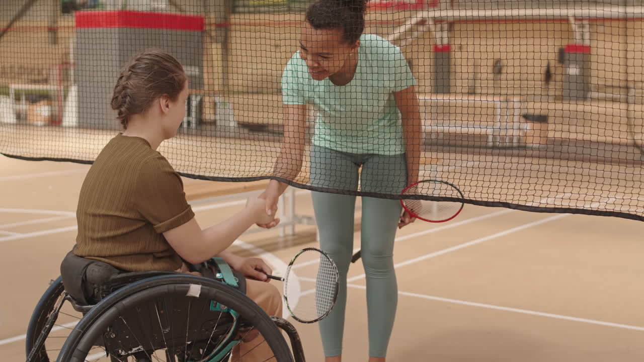 Diverse Athletes Shaking Hands Across Net
