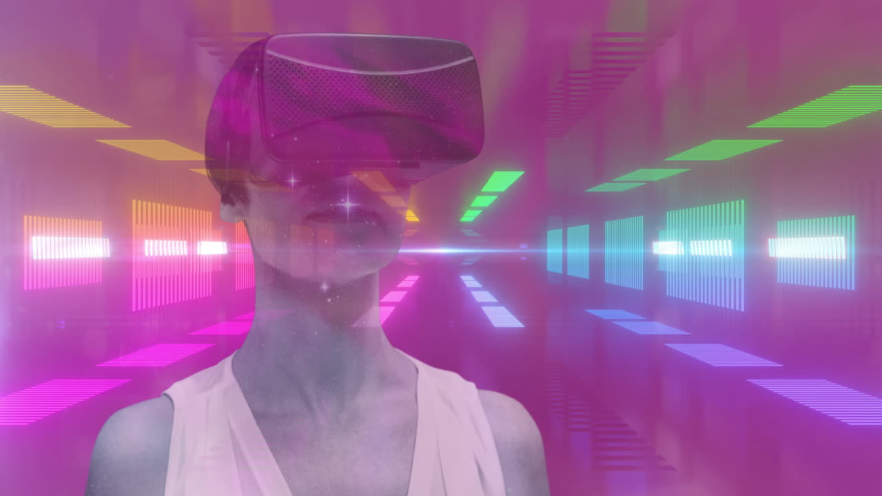 Animation of woman wearing vr headset on vibrant neon background