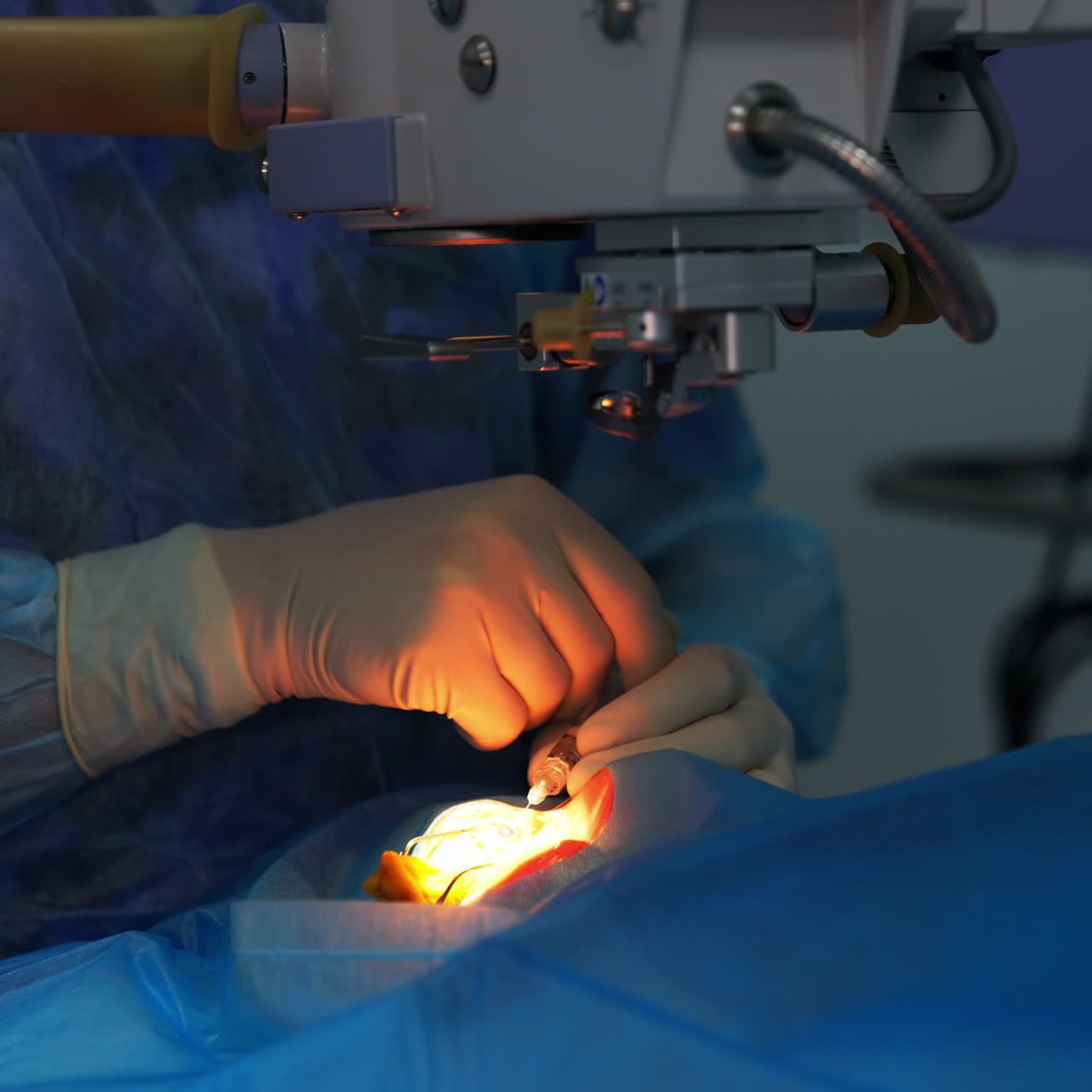 The operated eye is highlighted by the equipment above the patient. Surgeon inserts the syringe into the eye