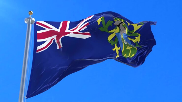 Bandiera delle Isole Pitcairn che sventola al vento con cielo blu, in slow motion e in loop