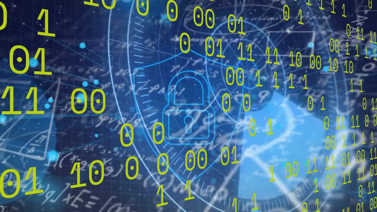animación del código binario, el radar y el candado digital en espacio azul