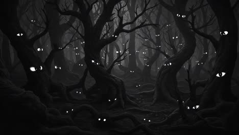 enigmatic forest awash with mystery: shadows dance among twisted trees as unblinking eyes emerge from darkness, creating an eerie atmosphere of intrigue and wonder