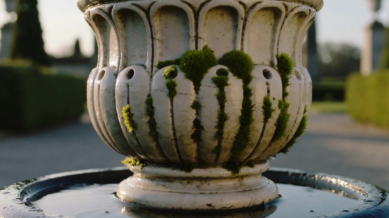 Pulling back camera revealing ornamental urn dripping water into basin at garden path, to show moss
