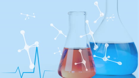 Animation-of-nucleotides,-heart-rhythm-and-liquid-filled-beakers-against-abstract-background