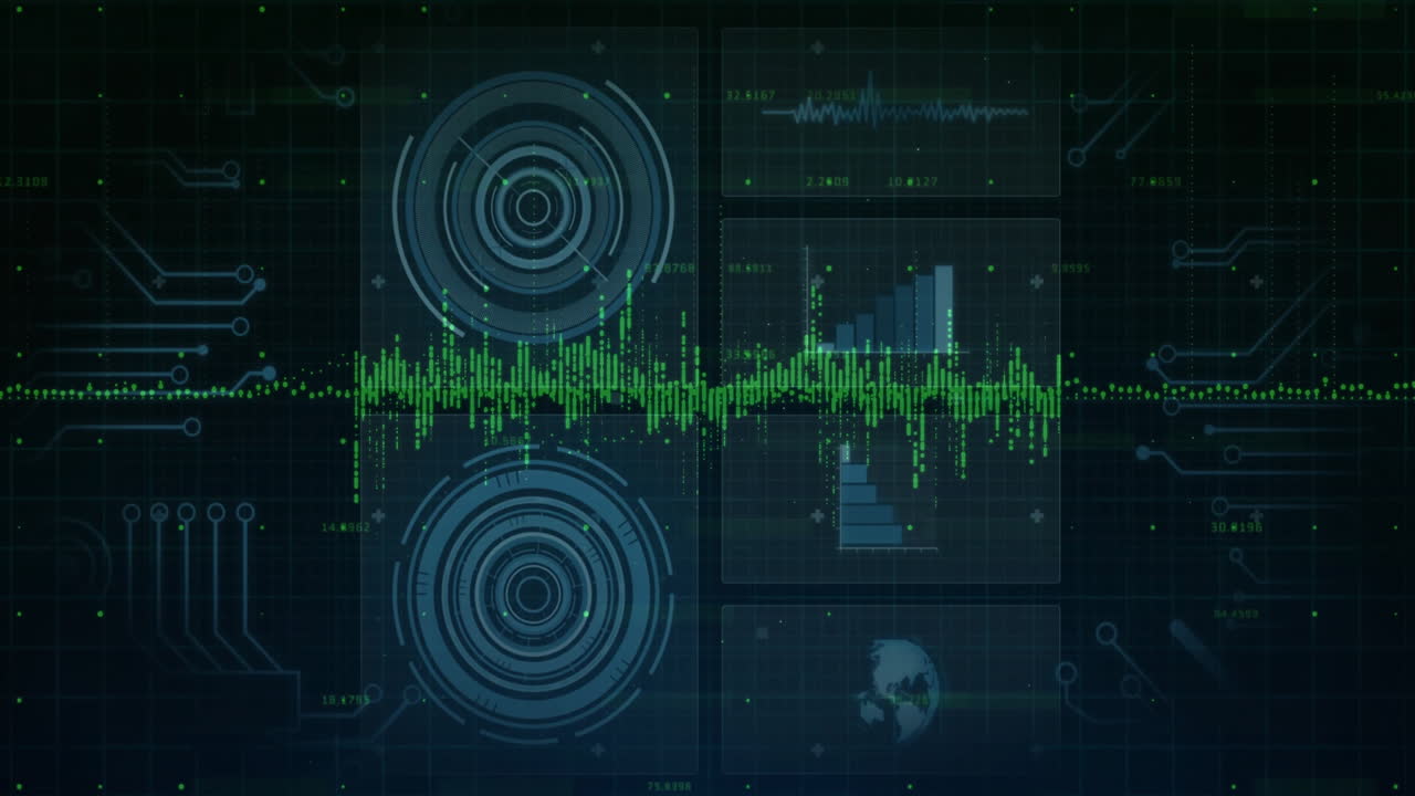 Projecting neon green waveform alongside HUD graphics panels across futuristic grid interface