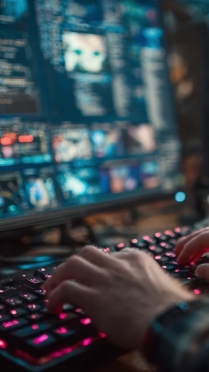 Esplorando la dimensione digitale: un utente concentrato interagisce con la tastiera e diversi schermi che mostrano dati complessi in un ambiente buio