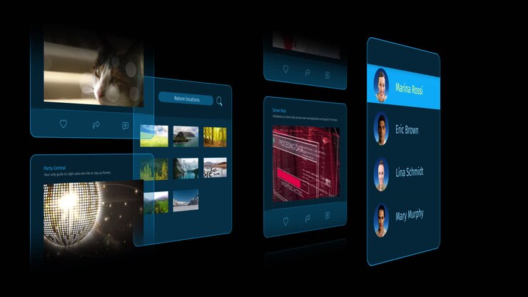 Animation of interface with social media posts and people profiles on black background