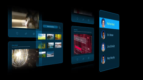 animation of interface with social media posts and people profiles on black background