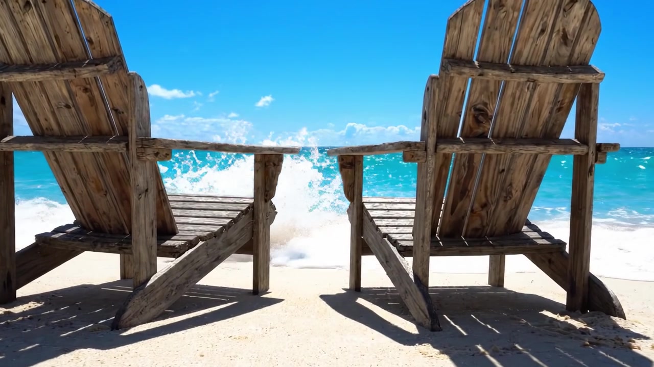 Ruhiger Rückzugsort am Strand: Zwei Holzstühle mit Blick auf ruhige Meereswellen unter einem strahlend blauen Himmel, perfekt zum Entspannen und Genießen am Ufer.