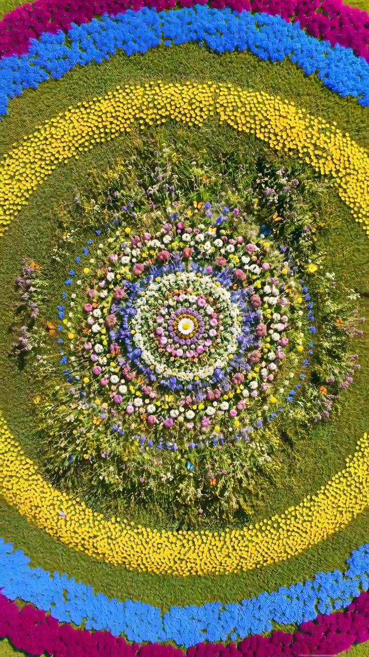 Mandala floreale dall'alto su un prato verde con farfalle che si muovono intorno ad anelli concentrici di fiori selvatici misti, centrato su una margherita e incorniciato da fioriture rosa, viola, blu, bianche e gialle.