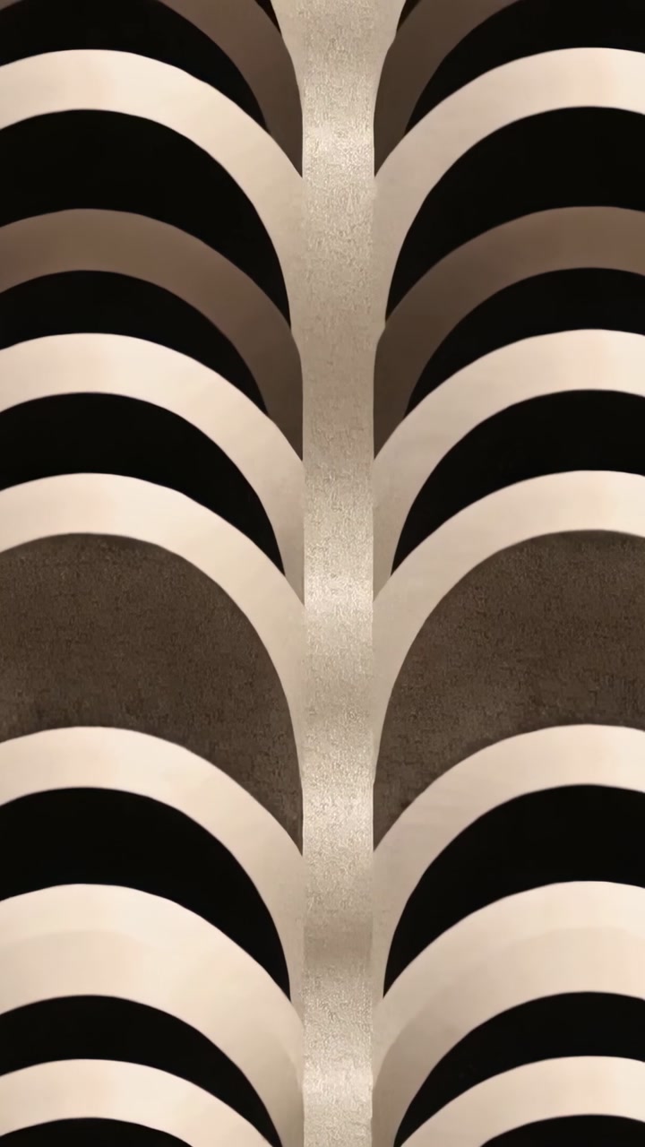 Vertical video: Panning camera revealing stacked arches, rib, dark voids in atrium, showing rhythm