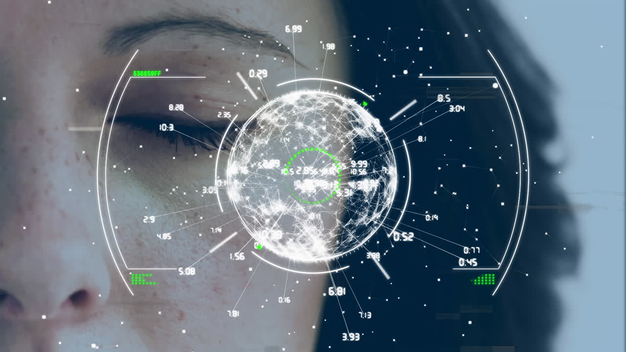 간섭의 애니메이션, 스 ⁇  스캐닝과 백인 여성의 눈 위의 지구