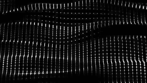 white abstract lattice waves moving dynamically on black background.