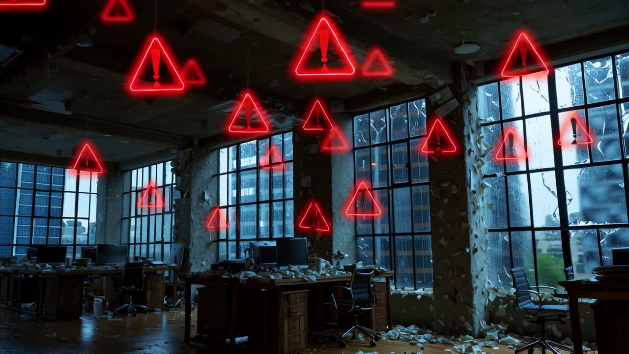 A Haunting Scene of Abandoned Office: Illuminated Warning Signs Amidst a Decaying Environment Capturing the Essence of Urban Distress and Desolation
