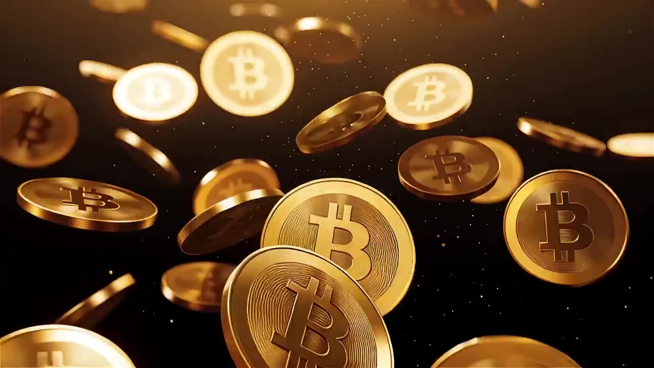 Bitcoin in rotazione su sfondo nero drammatico 4k