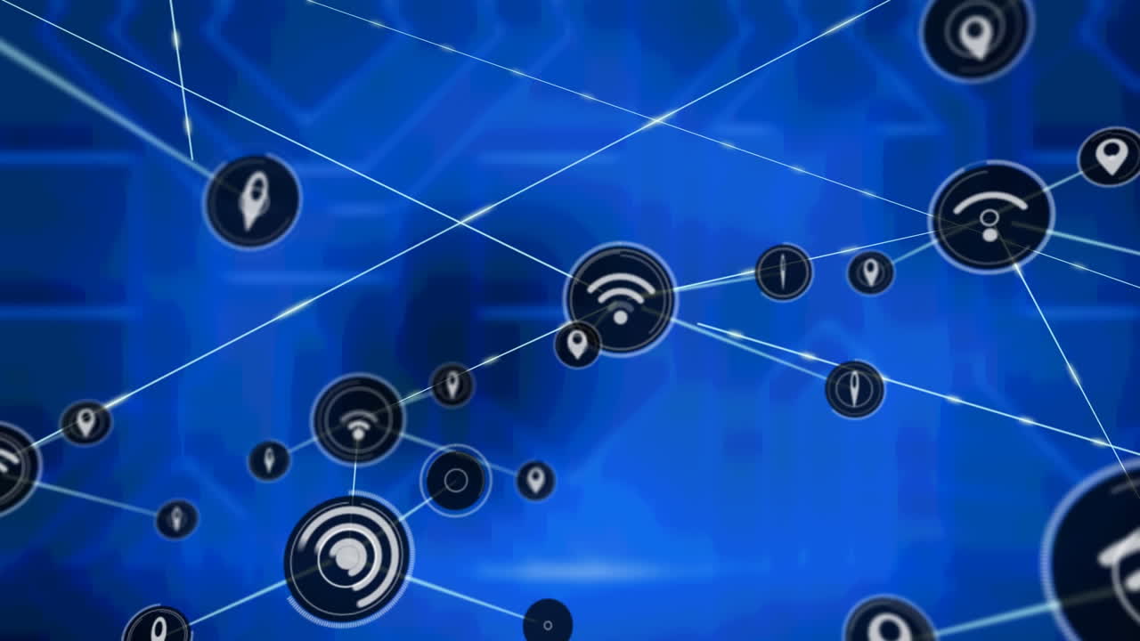 animación de redes de conexiones con iconos sobre formas azules sobre fondo negro