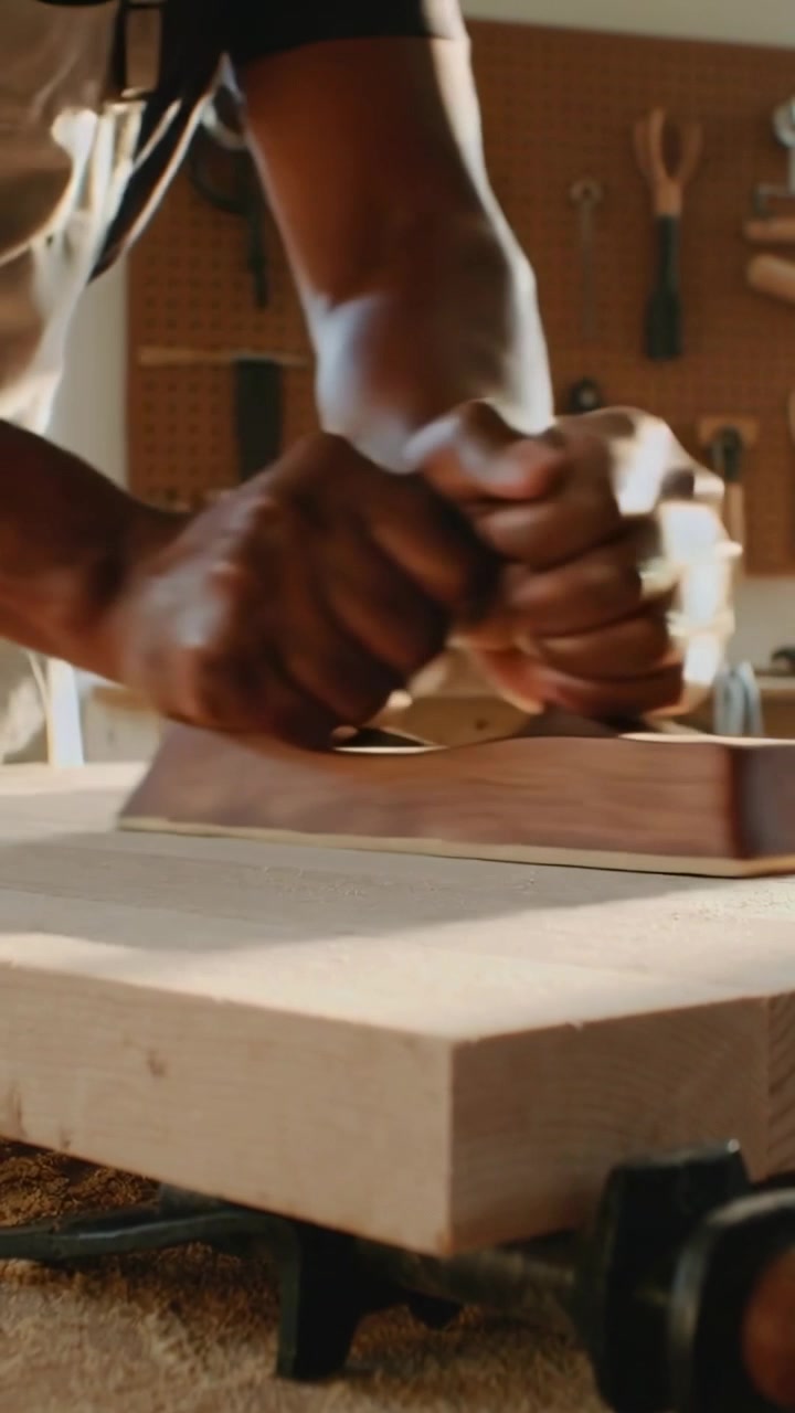 Vertical video: Planing carpenter smoothing clamped board in shop with hand plane to flatten, apron