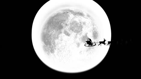 animation of santa claus in sleigh with reindeer passing over moon and stars