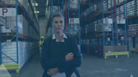 animation of arrow icons moving upwards against portrait of caucasian female supervisor at warehouse