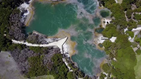 aerial shot of hot spring, natural steamy thermal basin - new zealand, rotorua, kuirau park