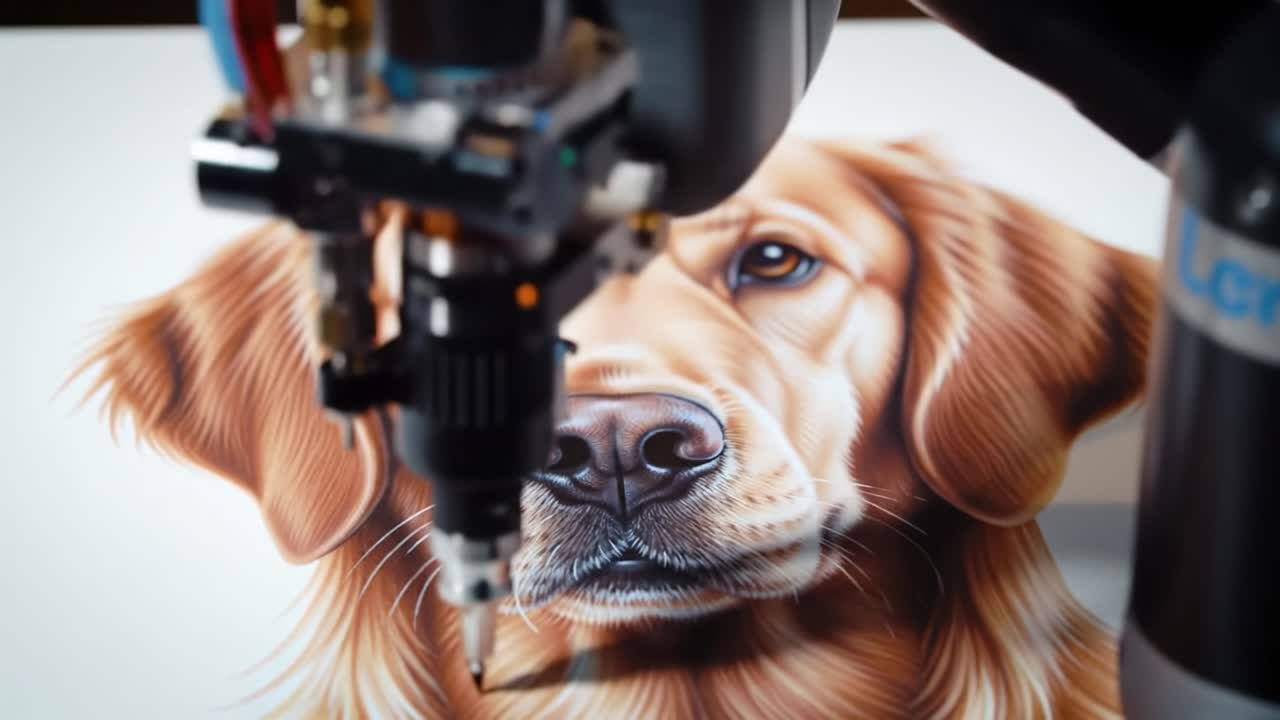 A robotic arm intricately creating a hyper-realistic portrait of a golden retriever, showcasing advanced technology in art and design through detailed rendering
