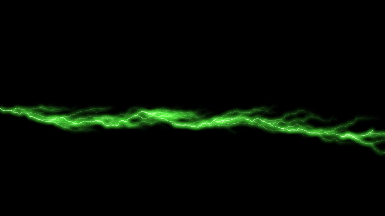 Lightning bolt / lightning strike, horizontal green thunder strike forking and sparkling, video overlay, anime/ animated, black background