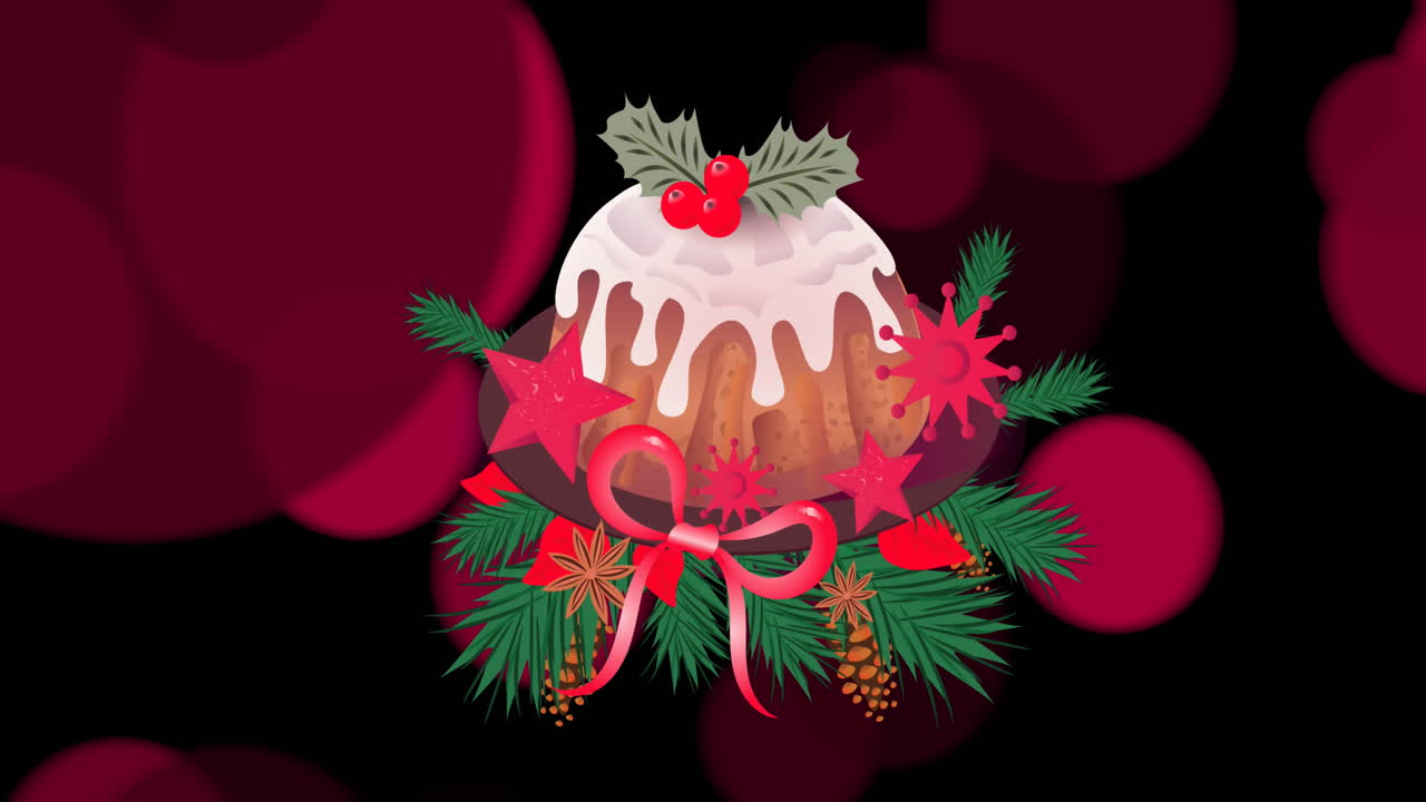 animación de pudín de navidad con decoraciones en fondo negro.