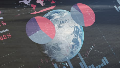 animation of multicolored infographic interface over rotating globe against space