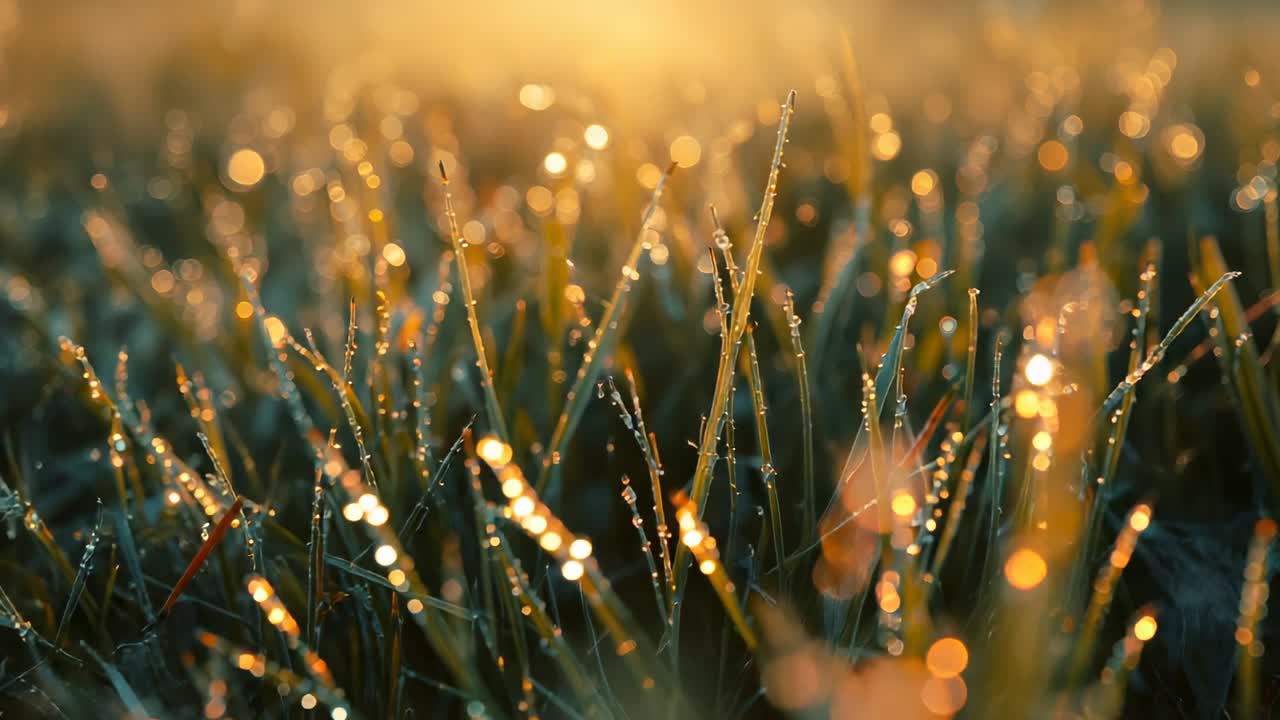 Swaying grass blades with dewdrops shifting focus from gentle breeze at sunrise, backlit bokeh