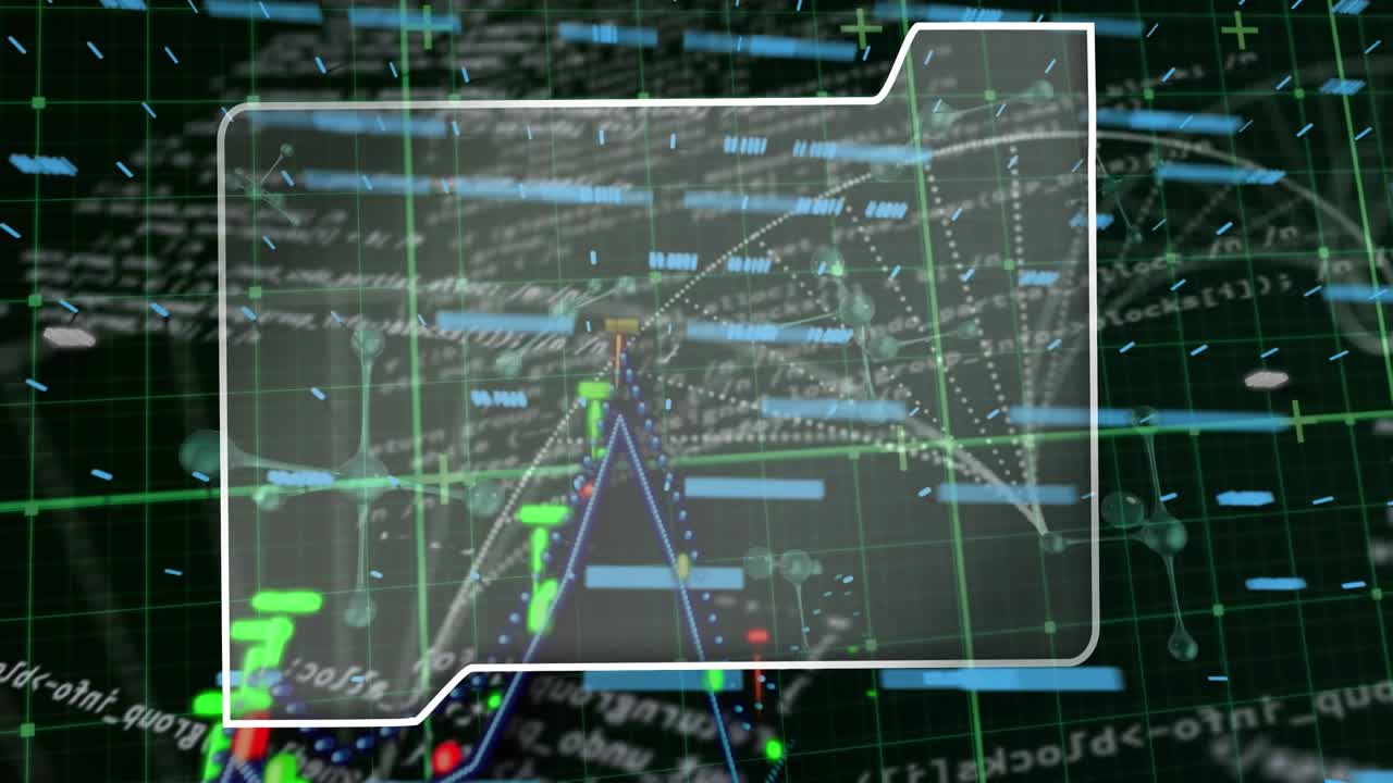 Animation of frame, molecules, graphs, dna and data processing on black background