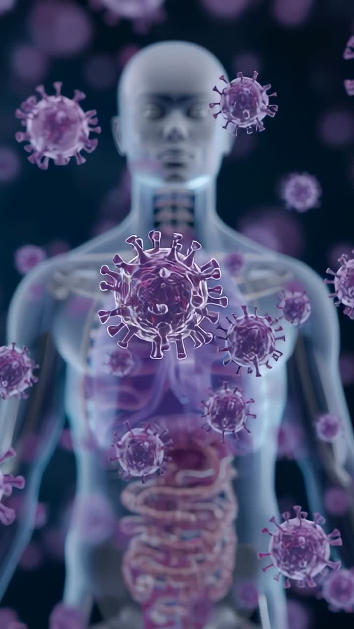 Vertical video: Drifting purple viral particles circling 3D torso in dark scene, exposing organs