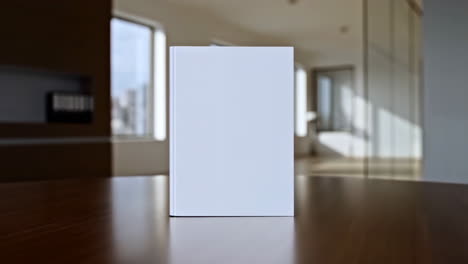 blank white book mockup on wooden table