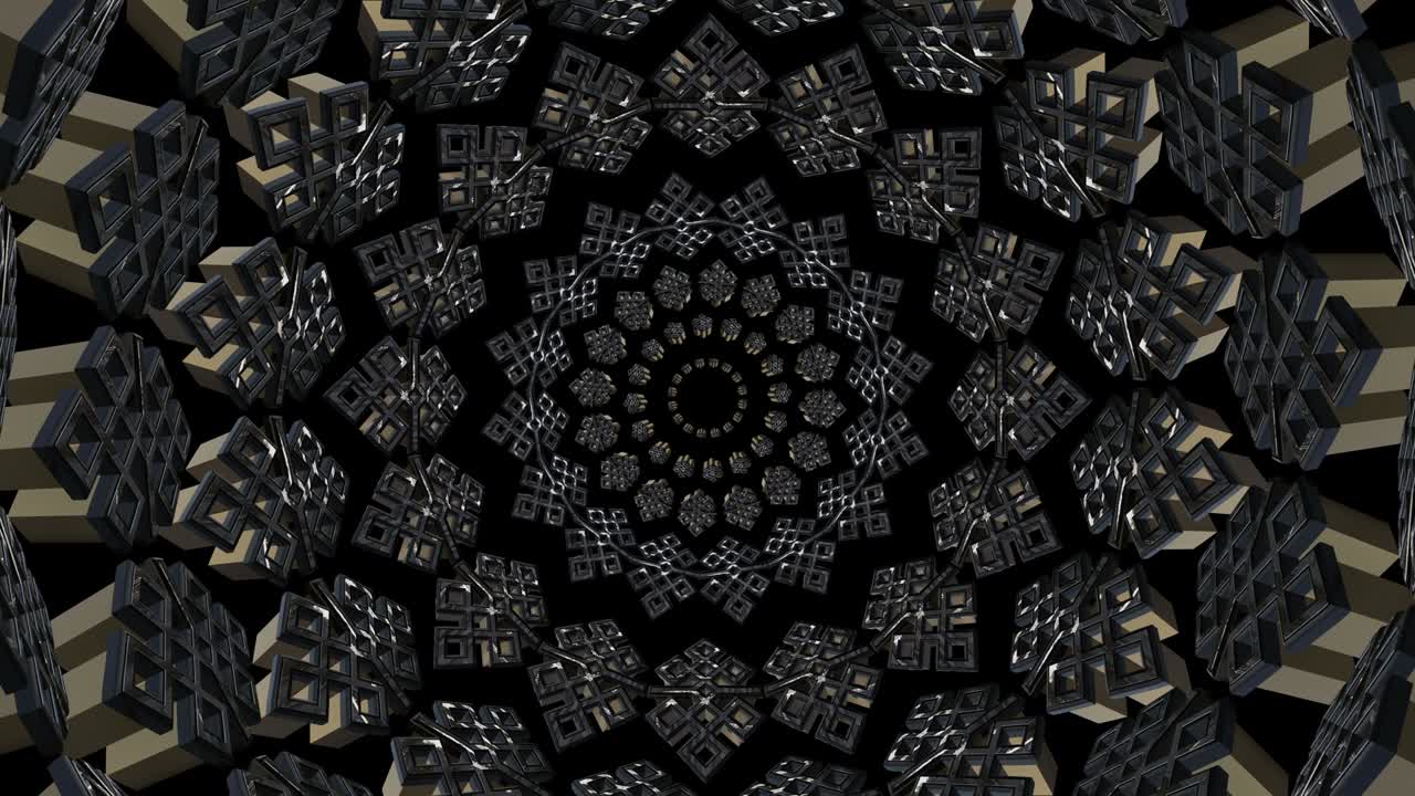 Scandinavian pattern. 3D shapes laid out in circles. Gold and silver. Slowly float from the center. 3D kaleidoscope.