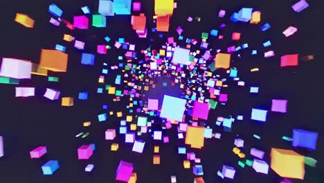 vibrant illuminated geometric cubes drifting and spinning through deep darkness, generating immersive digital tunnel visualization with abstract motion graphics composition
