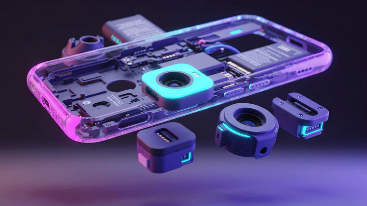 Exploring the Intricate Components of a Futuristic Smartphone with Glowing Elements, Revealing Advanced Technology and Cutting-Edge Design Elements