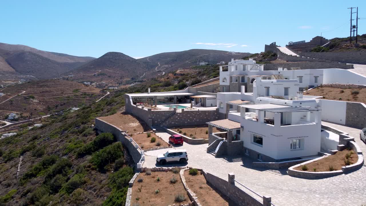 Aerial View over Greek Village Villa Mira Hotel Pool Terrace, Paros