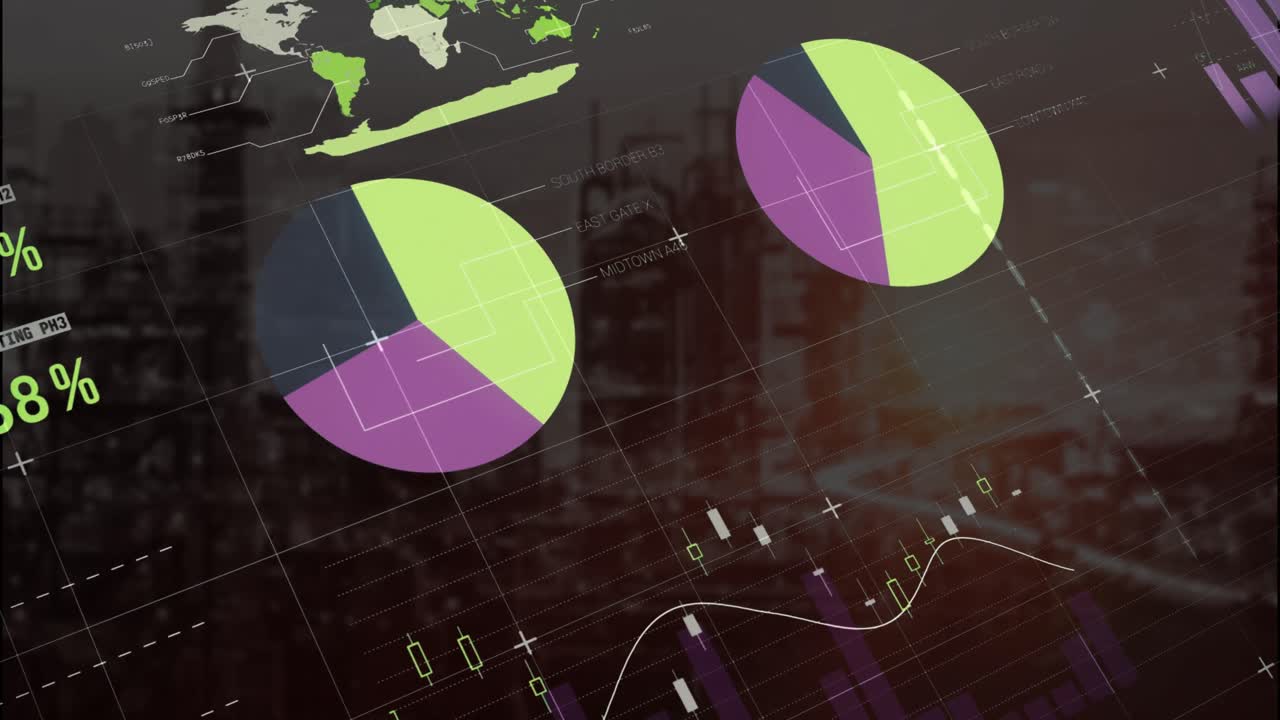 animación del procesamiento de datos estadísticos a través de la red de cuadrícula frente a una vista aérea del paisaje urbano