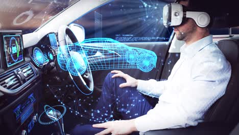 animación de un dibujo de coche 3d sobre un hombre de negocios que usa auriculares vr en un coche de conducción autónoma