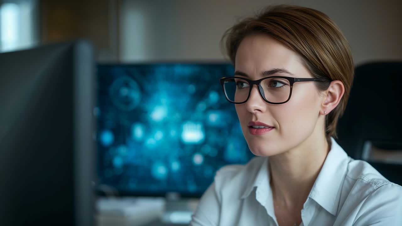 Responding to monitor, woman in white top and glasses leaning, scanning at desk with second screen