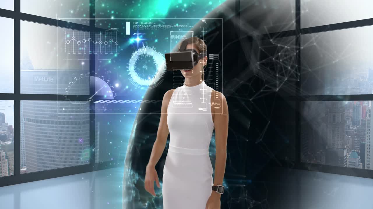 Businesswoman using virtual reality glasses