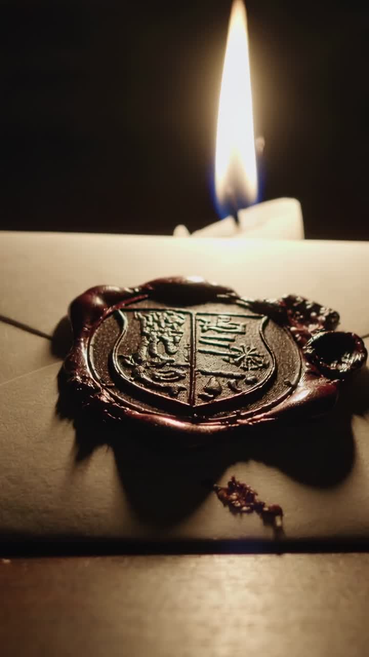 Vertical video: Flickering flame casting light across sealed envelope on tabletop, showing wax seal