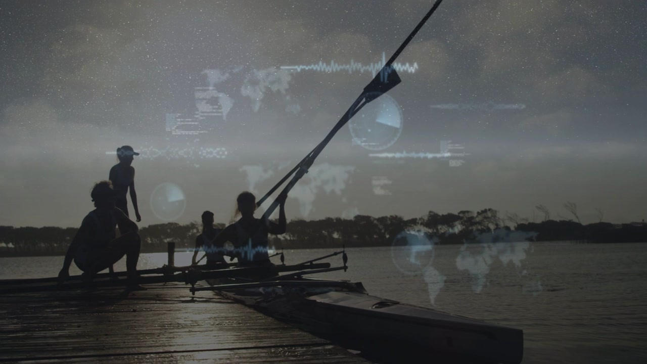 Four rowers reacting to standing teammate pointing, prepping shell launch from dock with HUD to row